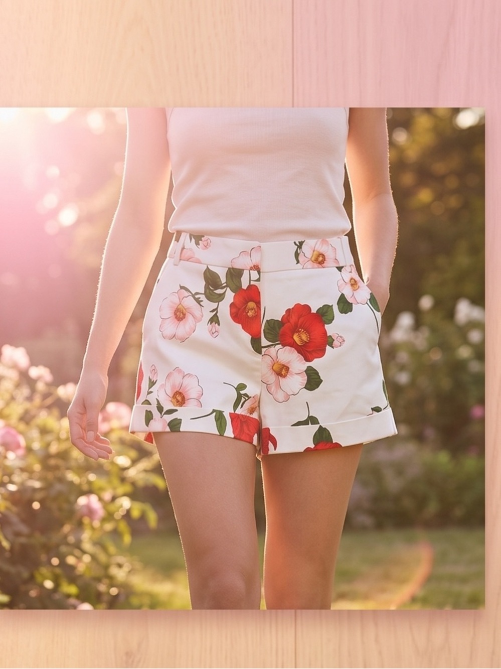 OVI white red floral Bloom short shorts size small